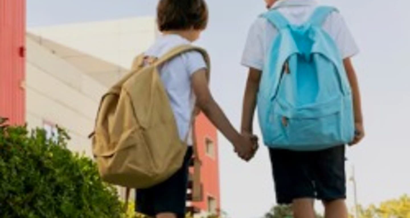 Children holding hands walking towards their educational future